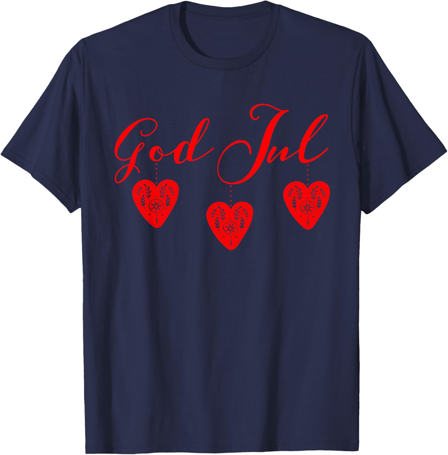 God Jul Merry Christmas Sweden Norway Red Hearts T-Shirt - T-Shirt | Navy