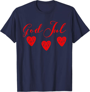God Jul Merry Christmas Sweden Norway Red Hearts T-Shirt - T-Shirt | Navy