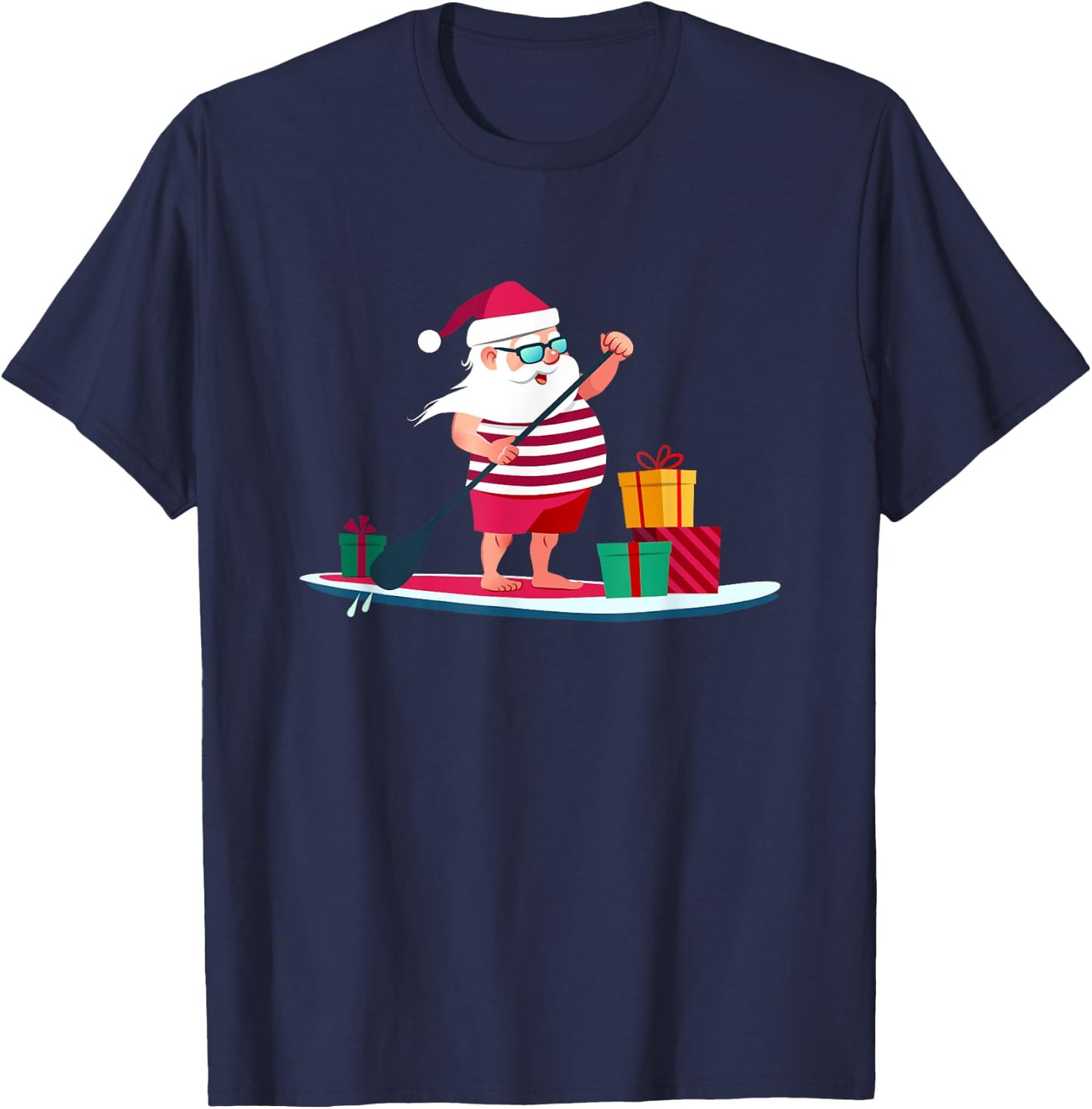 Christmas Paddle-boarding Santa in Swim Shorts Gift T-Shirt - T-Shirt | Navy