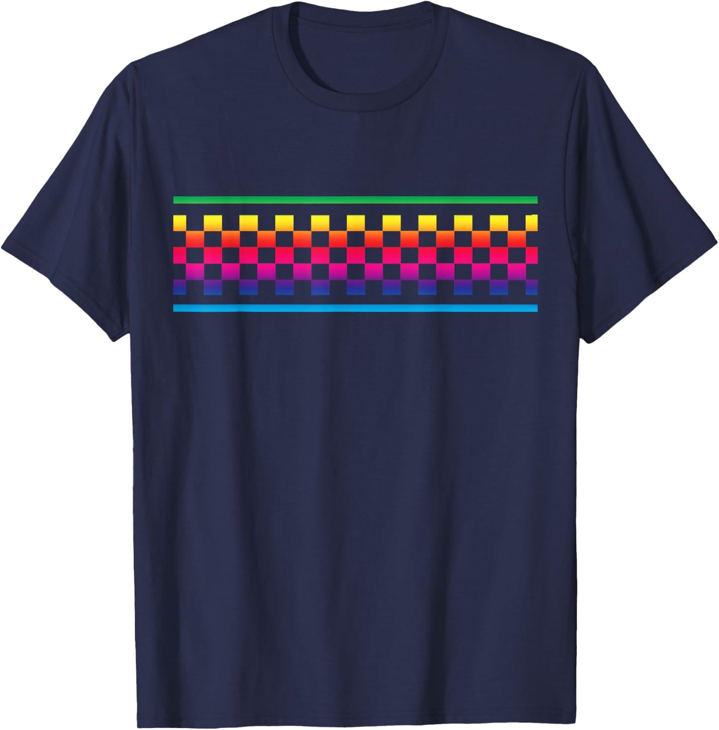 Rainbow Checker Pattern Checkerboard Skater Surfer Teens T-Shirt - T-Shirt | Navy