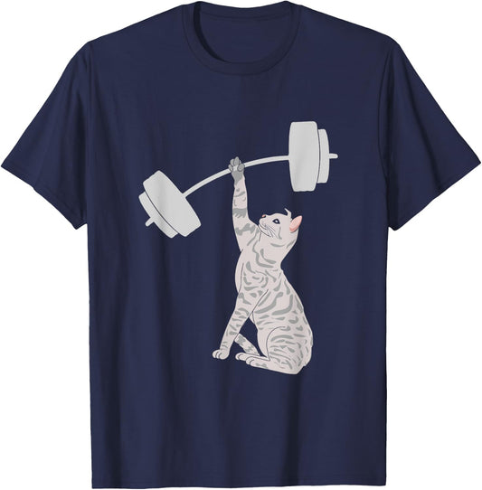 Cat Deadlifting Funny Fitness Gym Lover Cat BarBell T-Shirt - T-Shirt | Navy