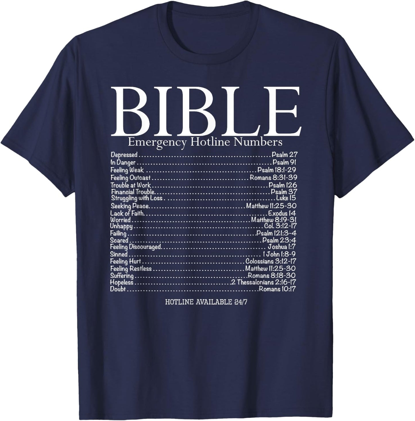 BibleLifestyle Bible Emergency Hotline Numbers , Adult, Black, Small, Short Sleeve, Classic Fit, Modern Classic, Bible Theme T-Shirt - T-Shirt | Navy