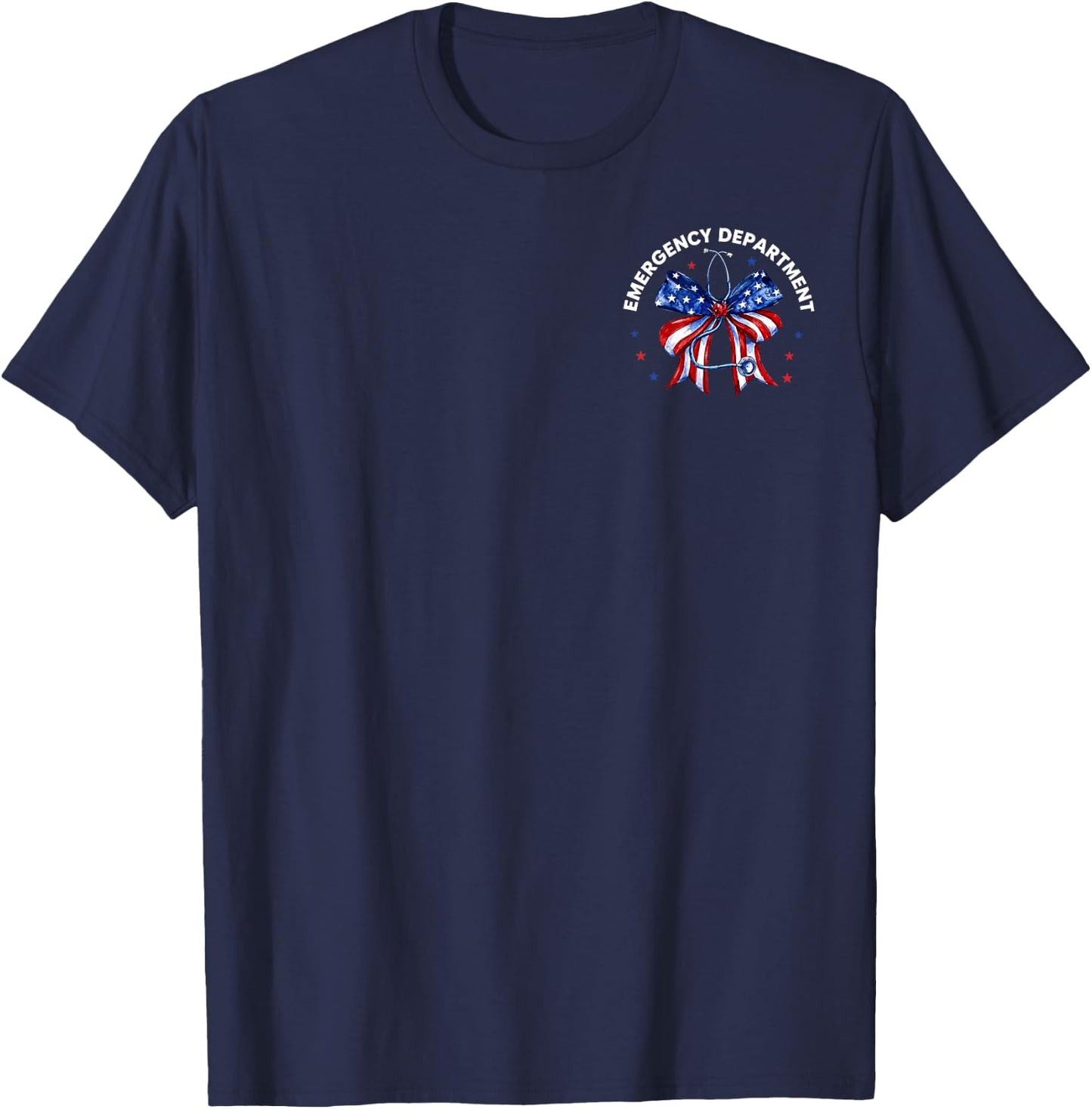 2 Side Emergency Department 4th of July ER Nurse US Flag Bow T-Shirt - T-Shirt | Navy