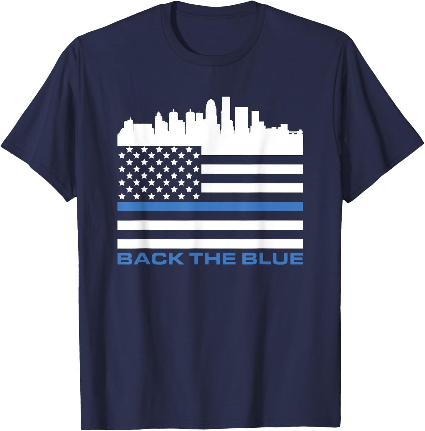 Thin Blue Line Shirt - Louisville Police USA Flag Skyline T-Shirt - T-Shirt | Navy
