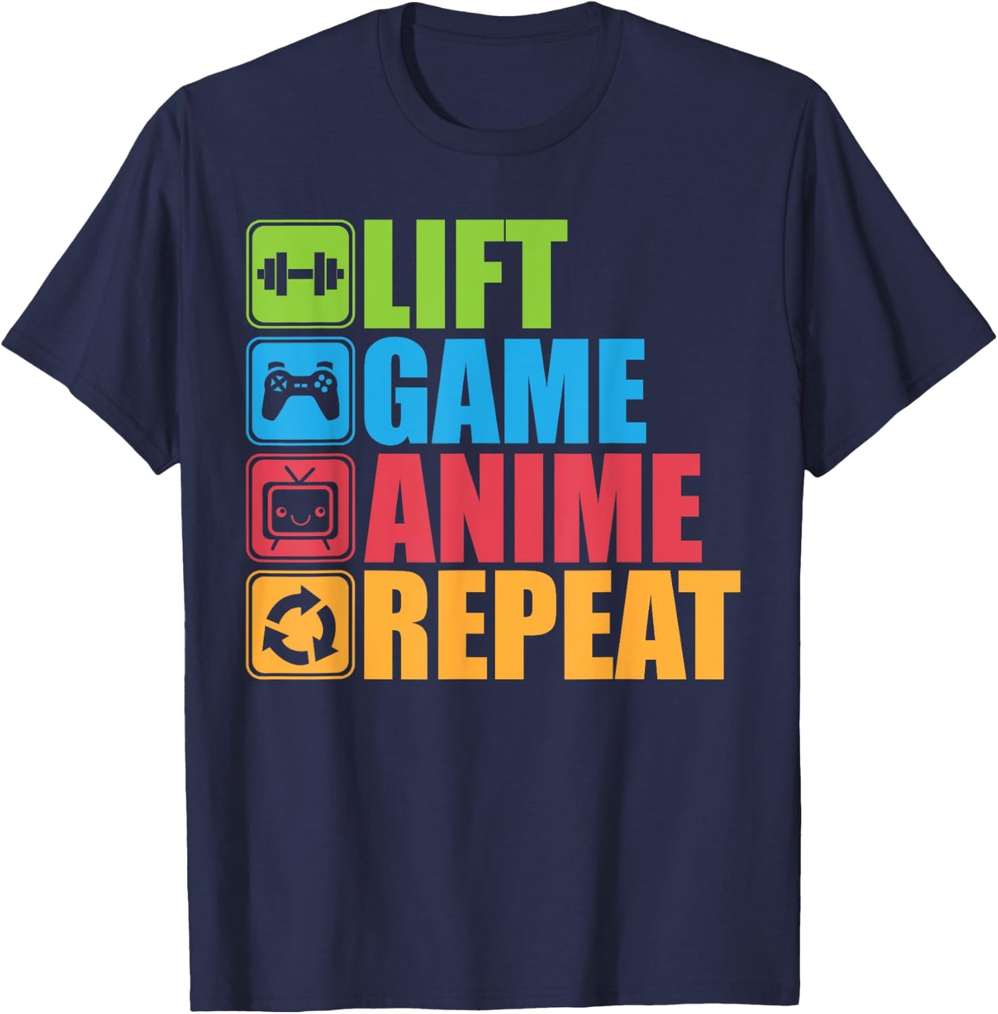 Lift, Anime, Game, Repeat - Gym For Geeks and Nerds T-Shirt - T-Shirt | Navy
