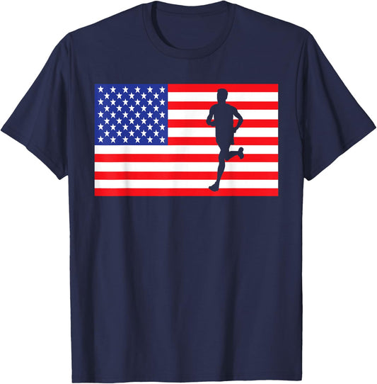 Marathon Runner USA American Flag Race Running 4th Of July Women Kids Men T-Shirt - T-Shirt | Navy