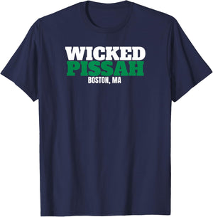 Wicked Pissah Shirt Boston MA , White and Green T-Shirt - T-Shirt | Navy