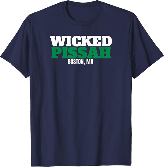 Wicked Pissah Shirt Boston MA , White and Green T-Shirt - T-Shirt | Navy