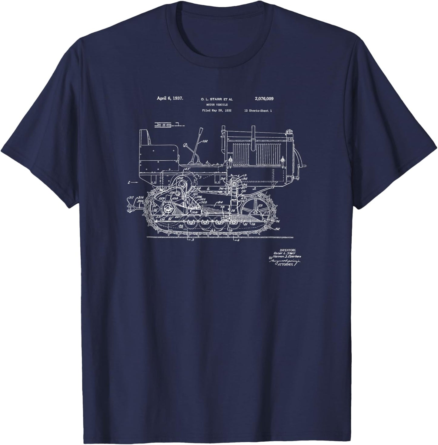 Vintage Patent Print 1937 Farm Crawler Tractor T-Shirt - T-Shirt | Navy