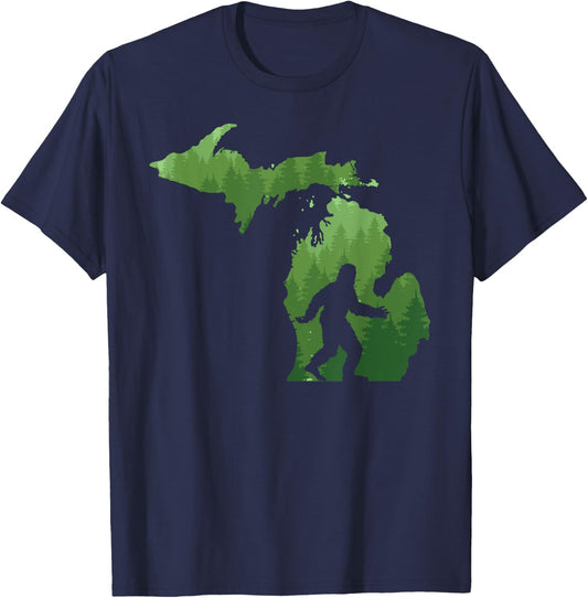 State of Michigan Map Bigfoot Shirt Funny Sasquatch Gift T-Shirt - T-Shirt | Navy