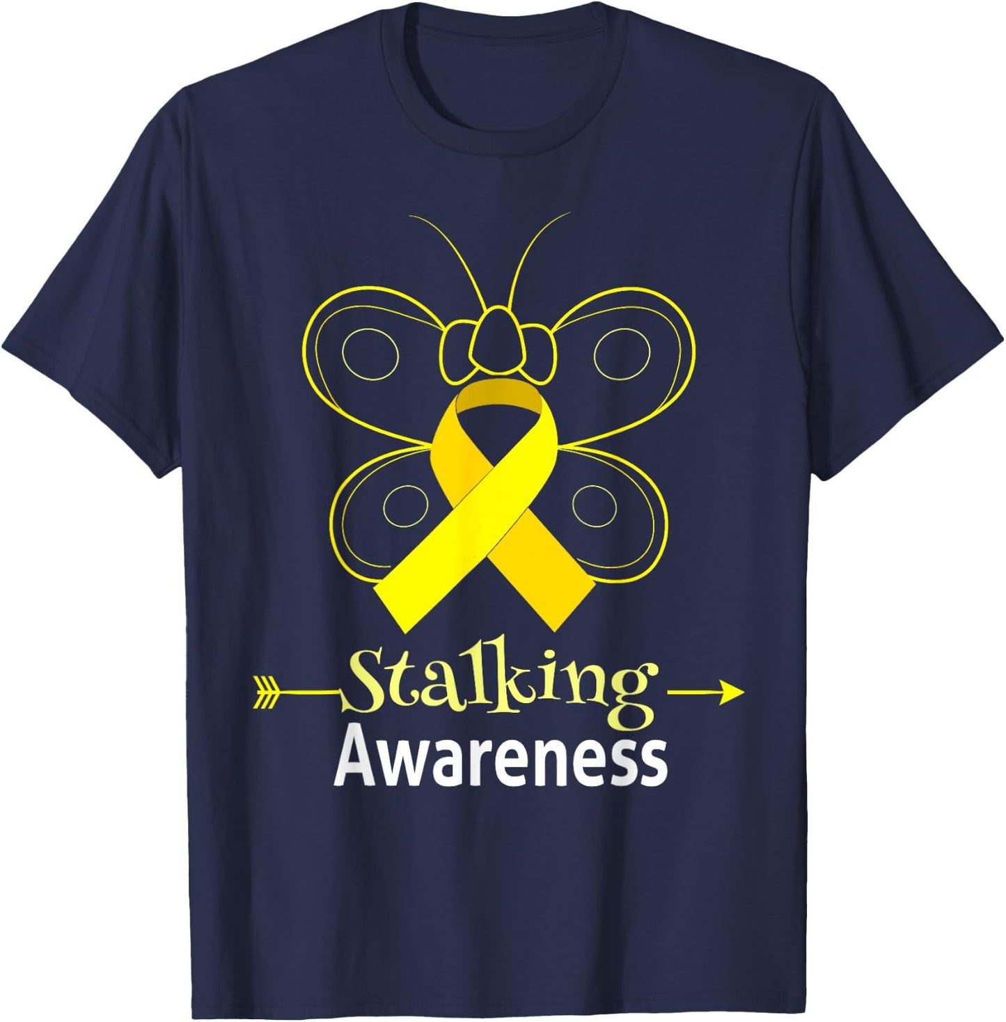 Butterfly Yellow Ribbon Stalking Awareness Shirt Stalking T-Shirt - T-Shirt | Navy