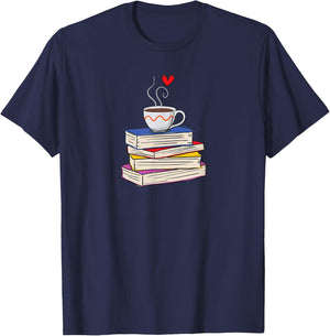 Hot Cup of Coffee and Books Librarian Coffee Book Lover T-Shirt - T-Shirt | Navy