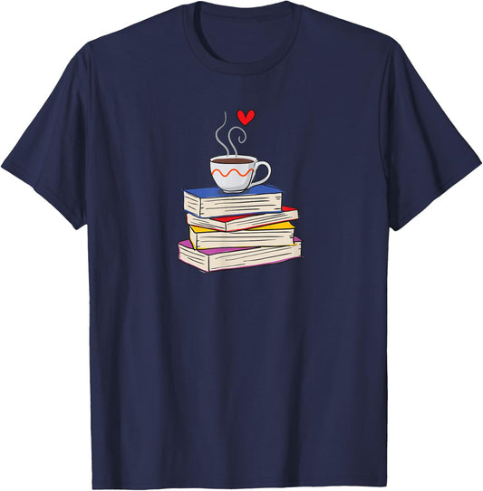 Hot Cup of Coffee and Books Librarian Coffee Book Lover T-Shirt - T-Shirt | Navy