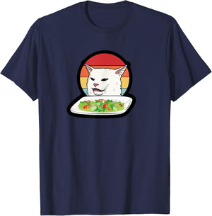 Funny Woman Yelling at Confused Cat Dinner Table Salad Meme T-Shirt - T-Shirt | Navy