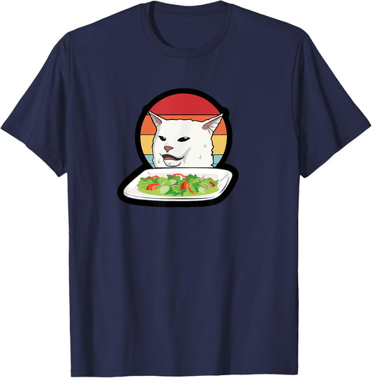 Funny Woman Yelling at Confused Cat Dinner Table Salad Meme T-Shirt - T-Shirt | Navy