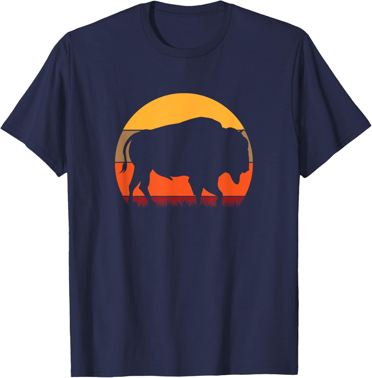 Bison - Great American Buffalo With A Vintage Retro Sunset T-Shirt - T-Shirt | Navy