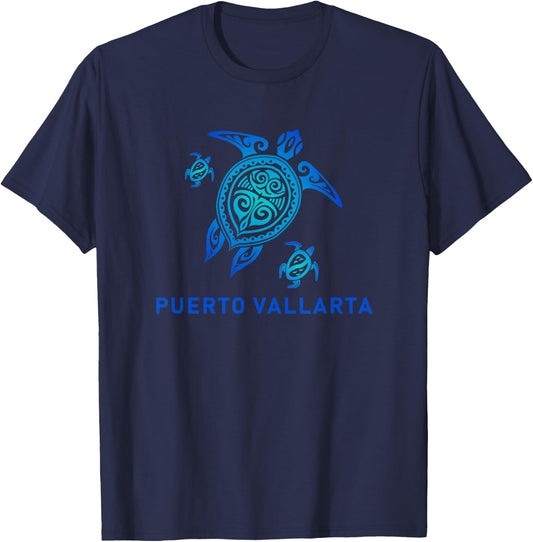 Puerto Vallarta Mexico Sea Blue Tribal Turtle T-Shirt - T-Shirt | Navy