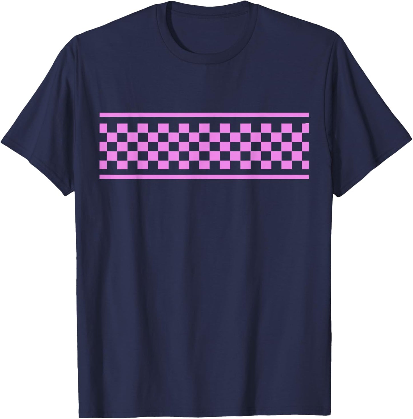 Pink Checker Pattern Checkerboard Skater Surfer Style Teens T-Shirt - T-Shirt | Navy