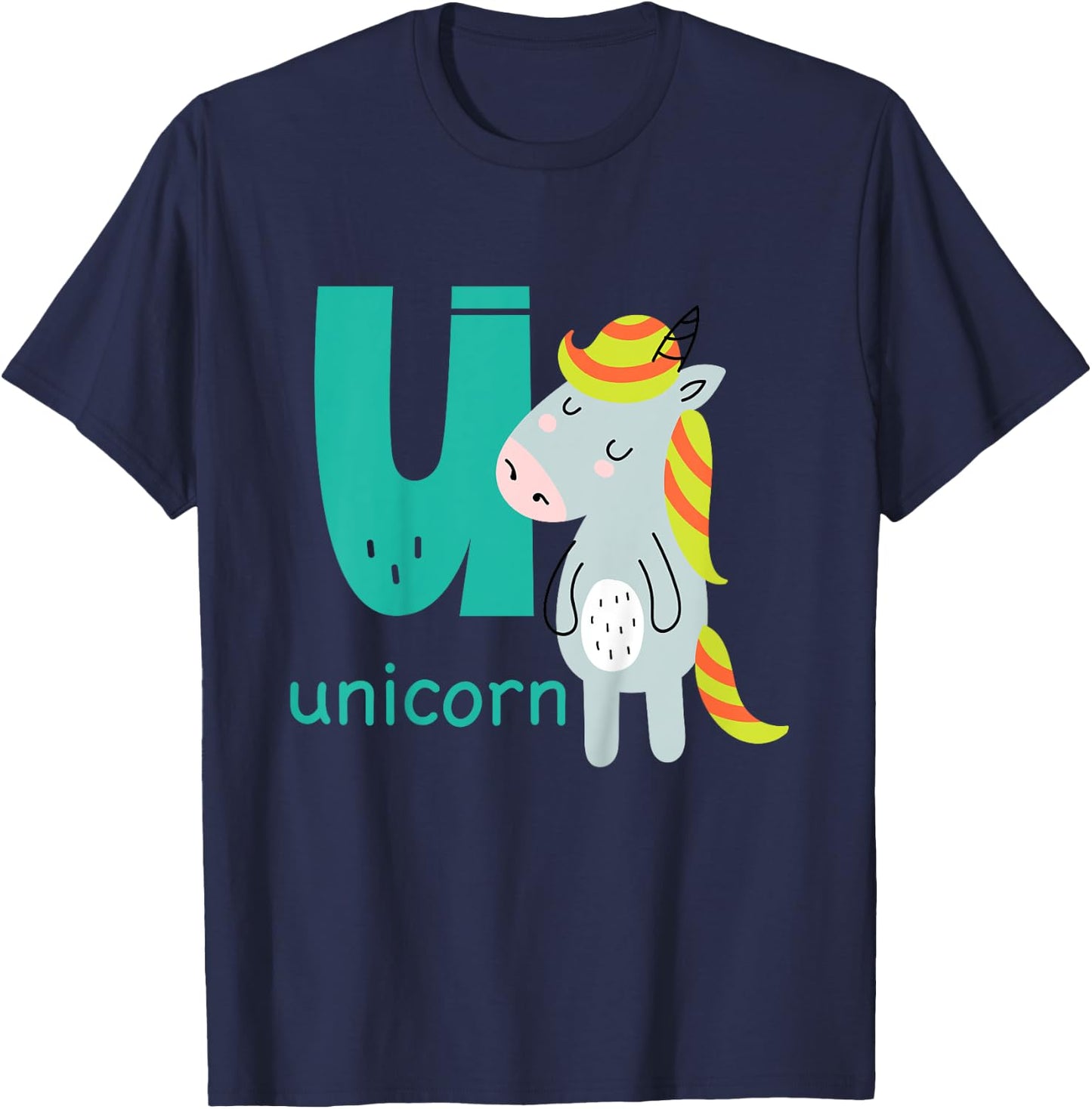 Unicorn Letter U Alphabet Cute Animal Boys Or Girls T-Shirt - T-Shirt | Navy