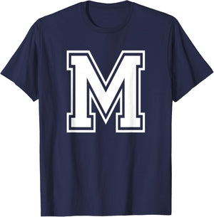 Letter M Name Initial Varsity Alphabet Monogram T-Shirt - T-Shirt | Navy
