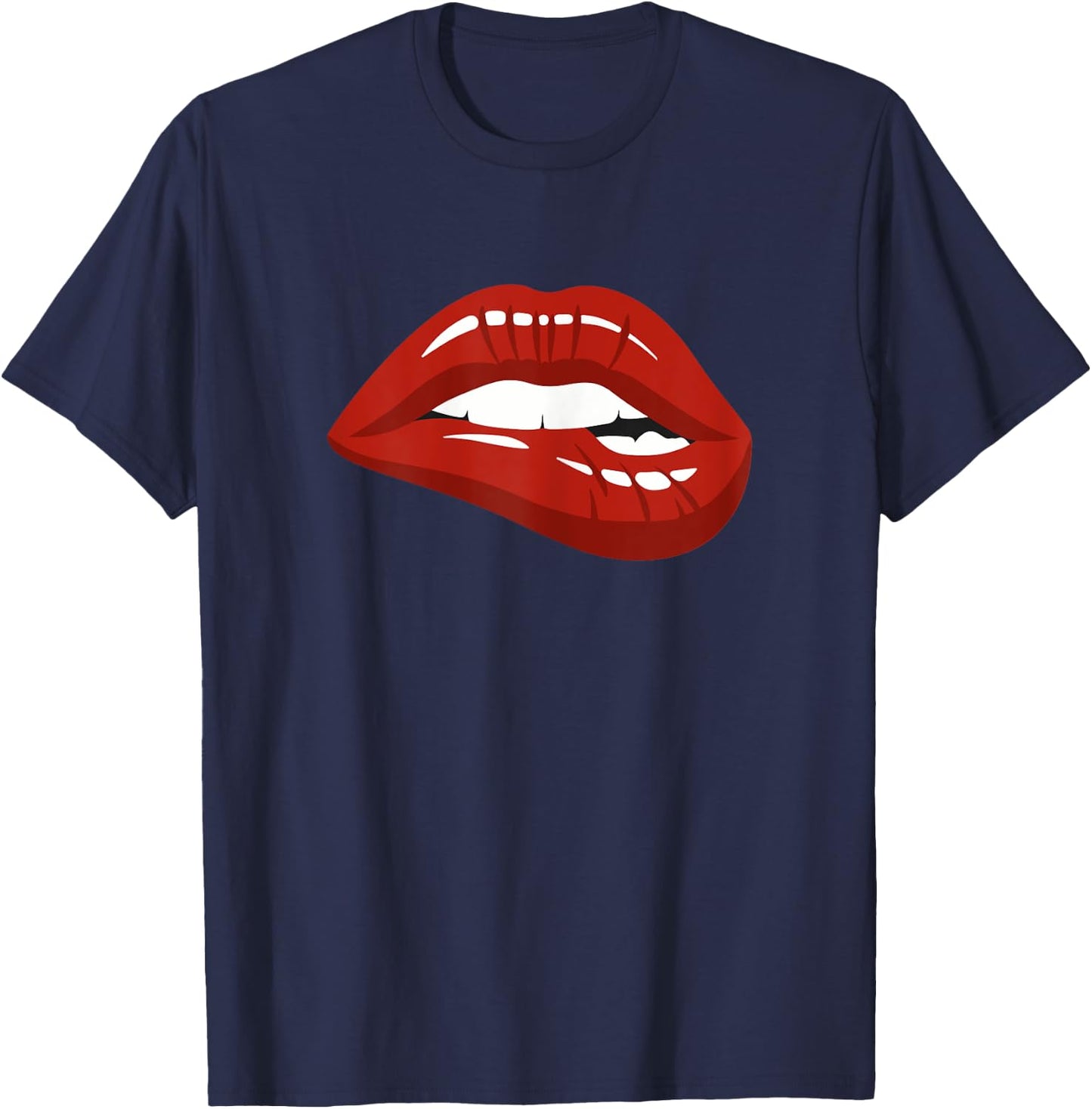 Red Lips Biting Lipstick Makeup T-Shirt - T-Shirt | Navy