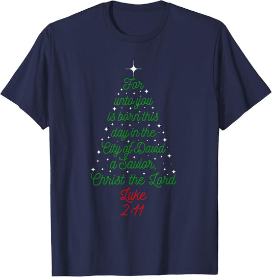 Savior is Born Bible Verse Christmas Tree Holiday Religious T-Shirt - T-Shirt | Navy