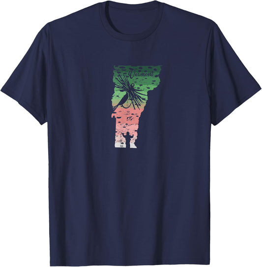 Vintage Big Fly Rainbow Trout Vermont Map Fly Fishing T-Shirt - T-Shirt | Navy