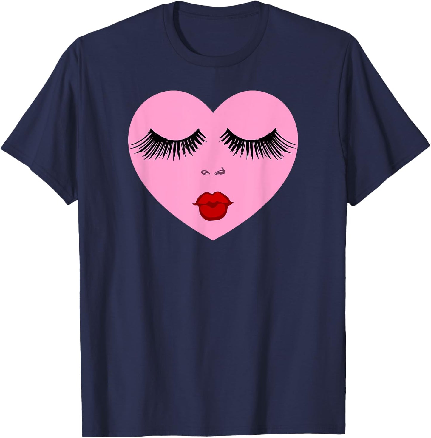 Pink Lady Heart with Eyelashes Valentines Day Kiss T-Shirt - T-Shirt | Navy