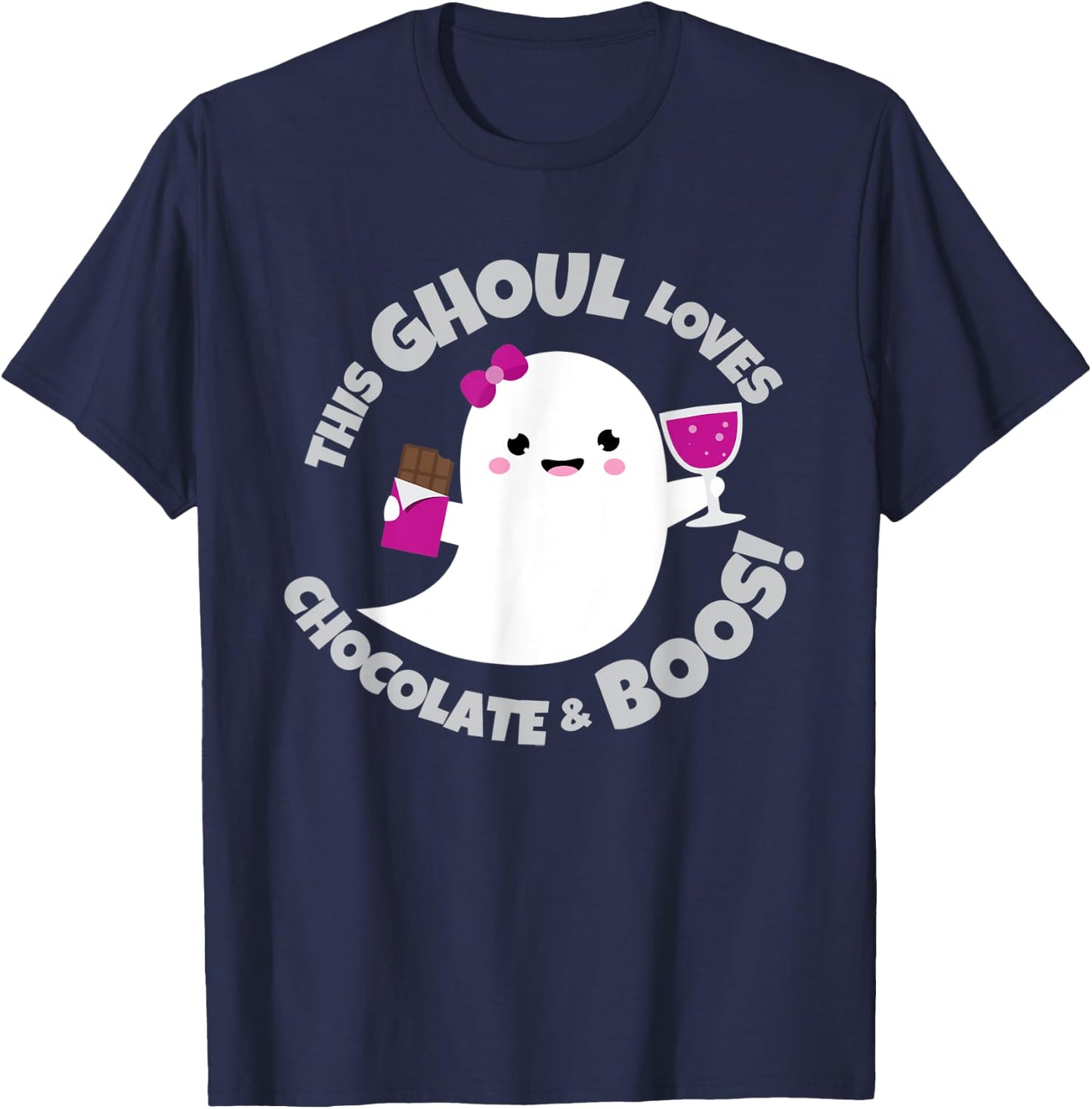 Wine Chocolate Lover Funny Quote Cute Halloween Ghost | Gift T-Shirt - T-Shirt | Navy