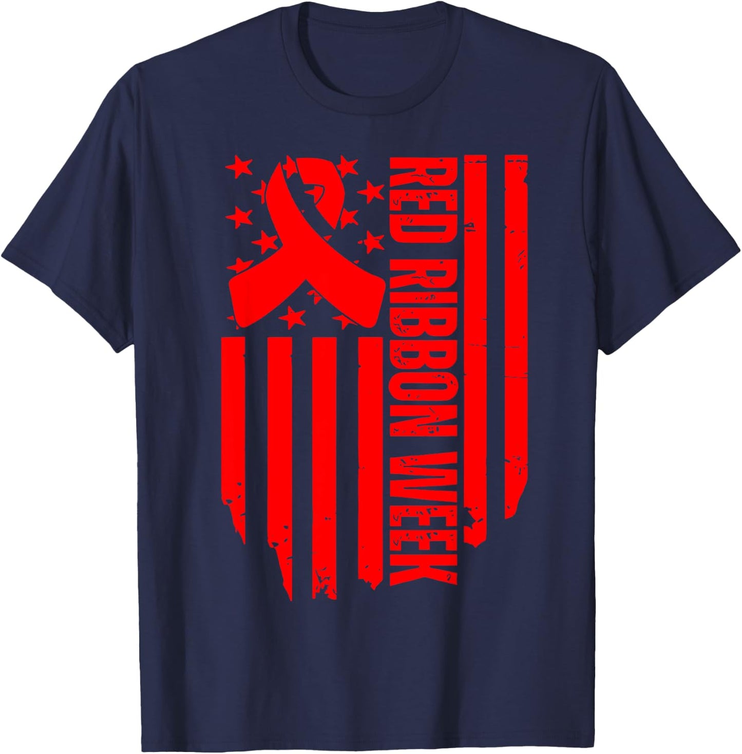 American Flag Red Ribbon Week Awareness Drug Free Anti-Drug T-Shirt - T-Shirt | Navy