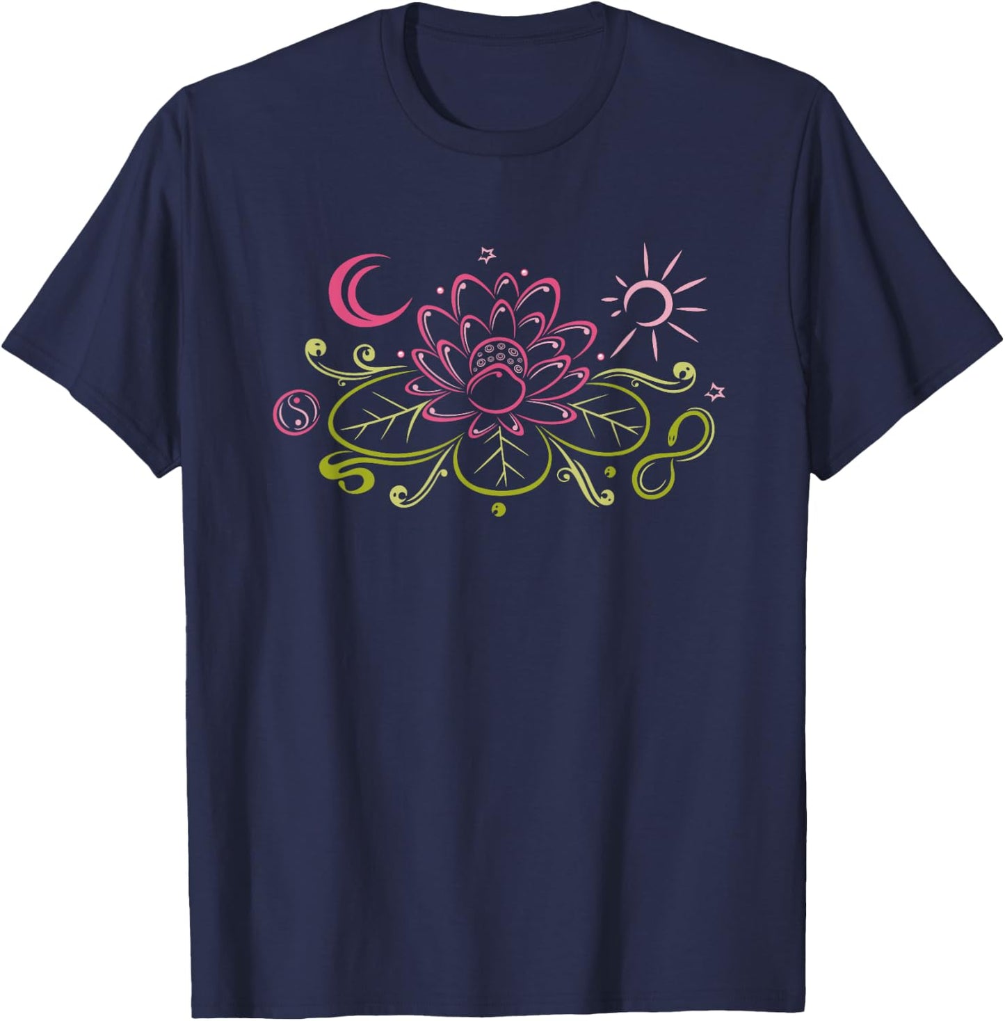 Lotus flower . Lotus with moon, yin yang and sun. T-Shirt - T-Shirt | Navy
