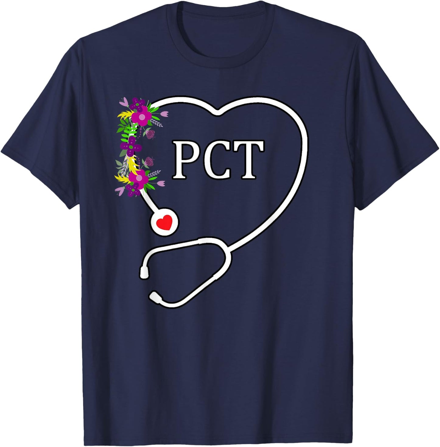 PCT Patient Care Technician Tech Floral Heart Stethoscope T-Shirt - T-Shirt | Navy