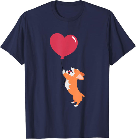 ROSS BOSS Cute Corgi Puppy Dog Holding A Valentines Balloon -Adults Kids Black Short Sleeve Valentine's Day Dog Themed T-Shirt - T-Shirt | Navy