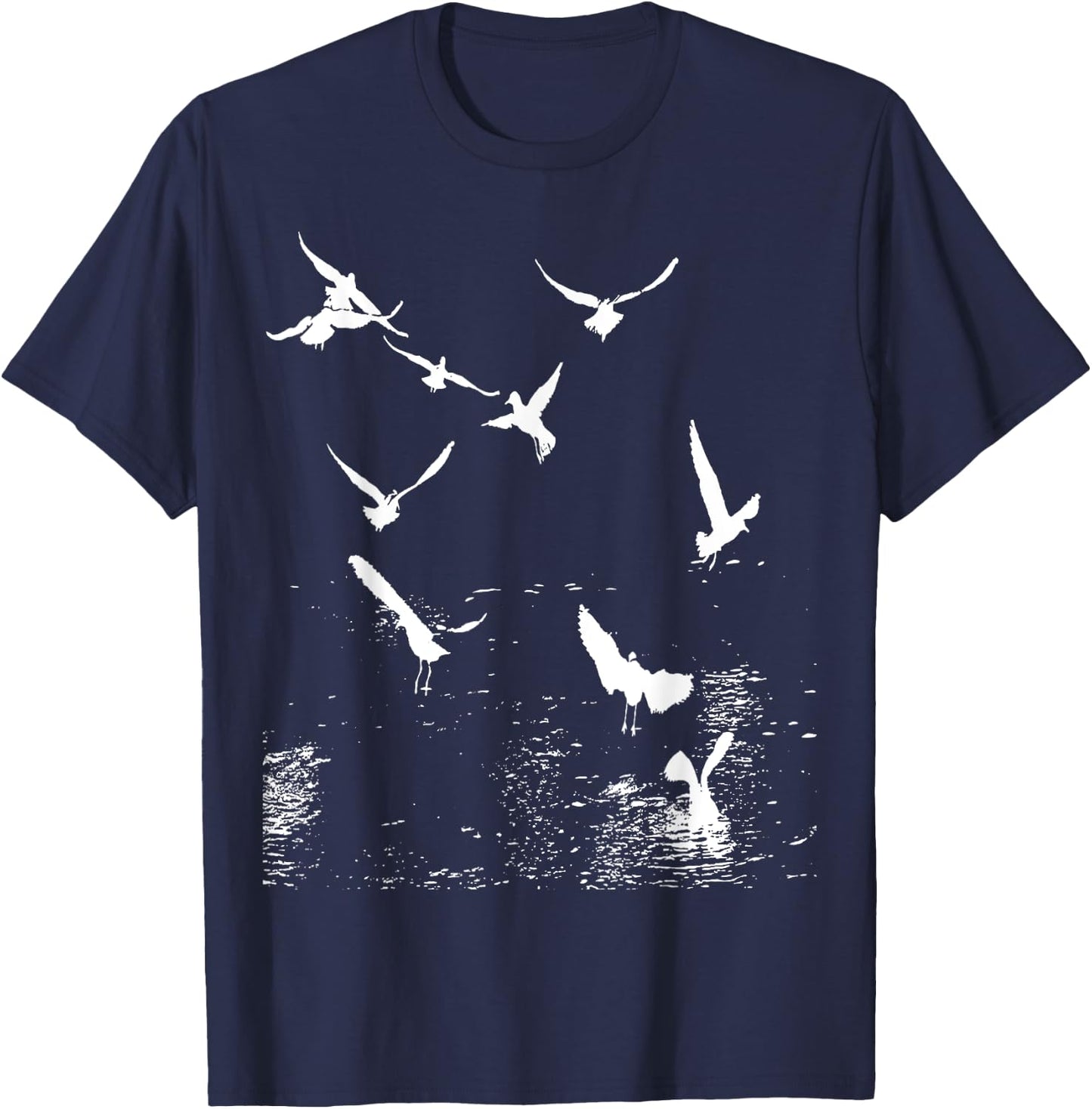 White Silhouette Of A Flock Of Seagulls Over Water T-Shirt - T-Shirt | Navy