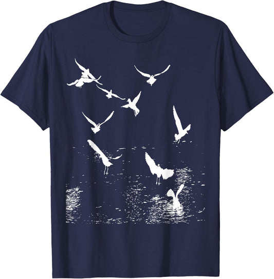 White Silhouette Of A Flock Of Seagulls Over Water T-Shirt - T-Shirt | Navy