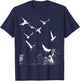 White Silhouette Of A Flock Of Seagulls Over Water T-Shirt - T-Shirt | Navy