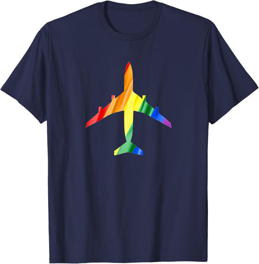 Airplane Rainbow Flag Flight Attendant Pride T-Shirt - T-Shirt | Navy