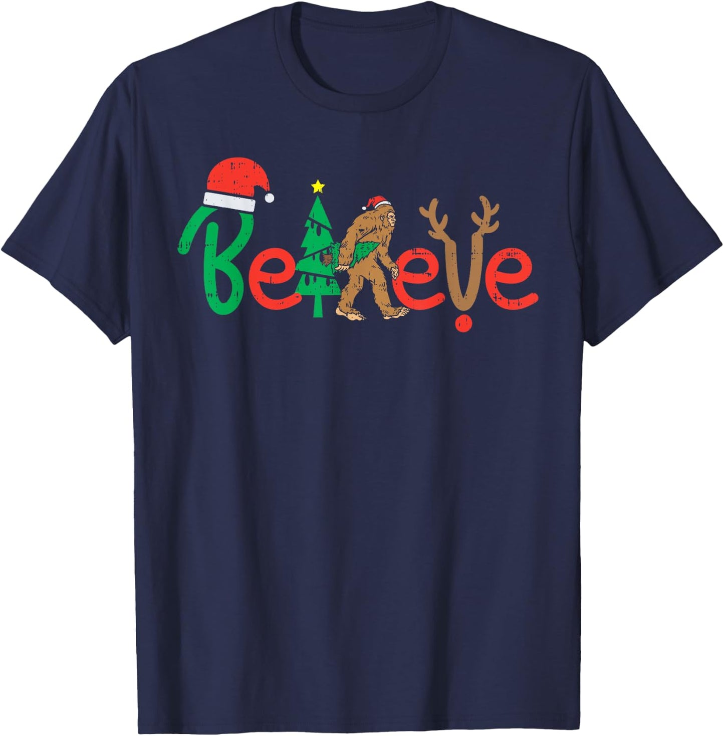Believe Bigfoot Sasquatch Santa Reindeer Christmas Tree Gift T-Shirt - T-Shirt | Navy