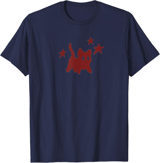 90s Y2K Scary Cat Tomcat is Scared under Starry T-Shirt - T-Shirt | Navy