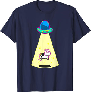 UFO Taking Cow Funny Galaxy Spaceship Alien Farm Animal Gift T-Shirt - T-Shirt | Navy