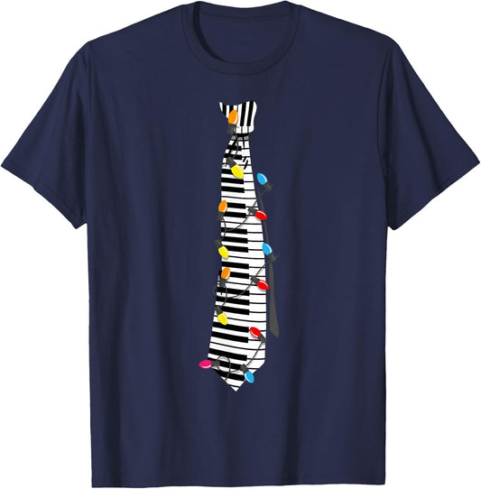 Piano Keyboard Tie with Christmas Lights - Festive Fun T-Shirt - T-Shirt | Navy