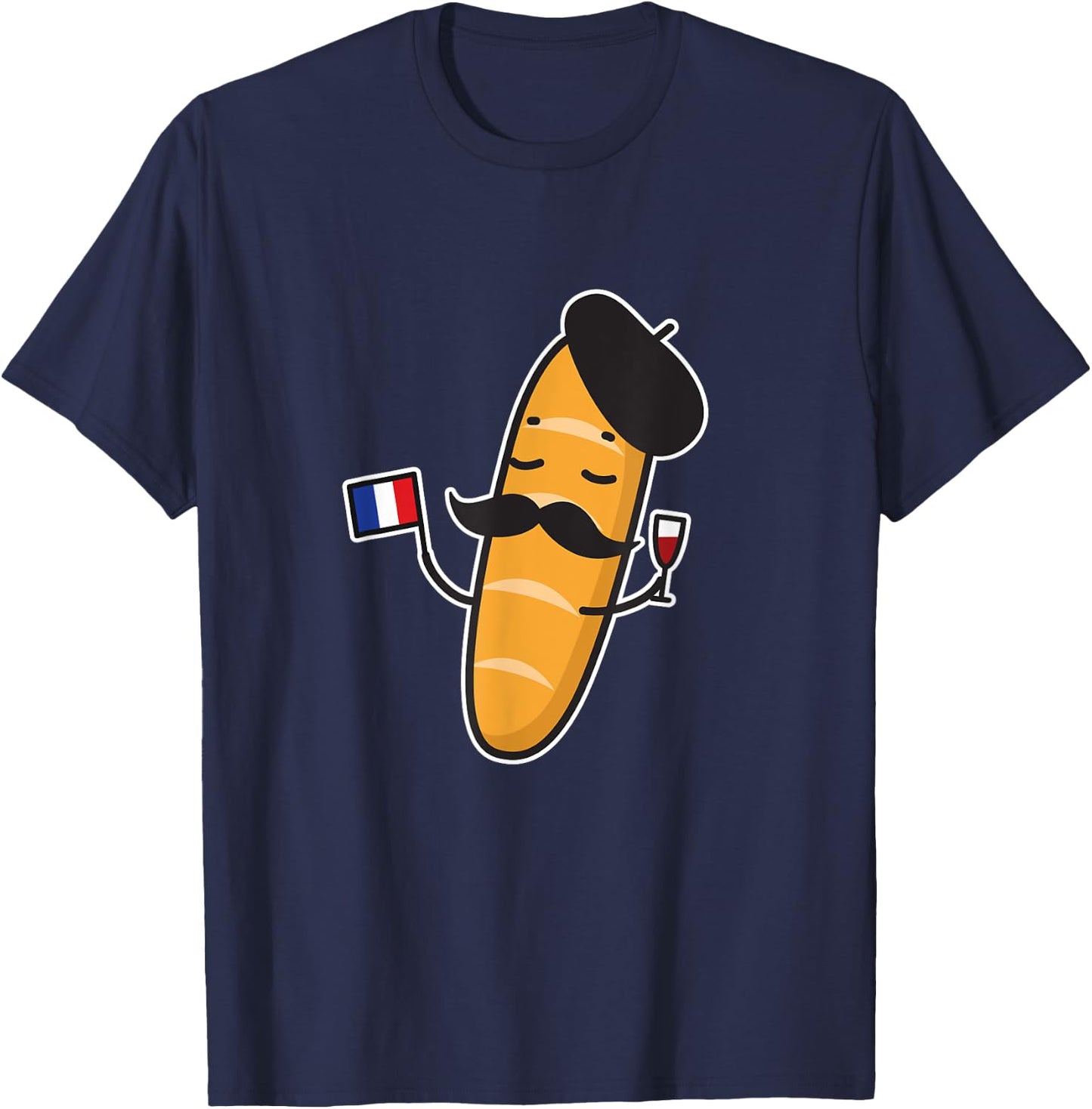 French Baguette Holding A French Flag And Wine Glass Shirt T-Shirt - T-Shirt | Navy