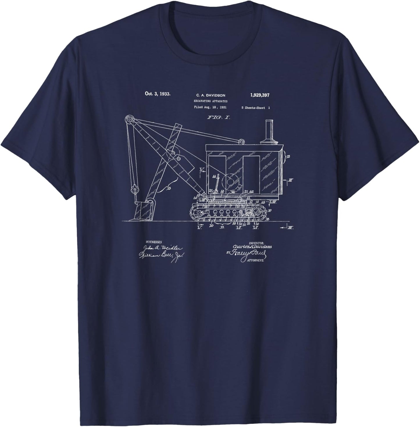 Vintage 1933 Construction Excavator Patent Print Gift T-Shirt - T-Shirt | Navy