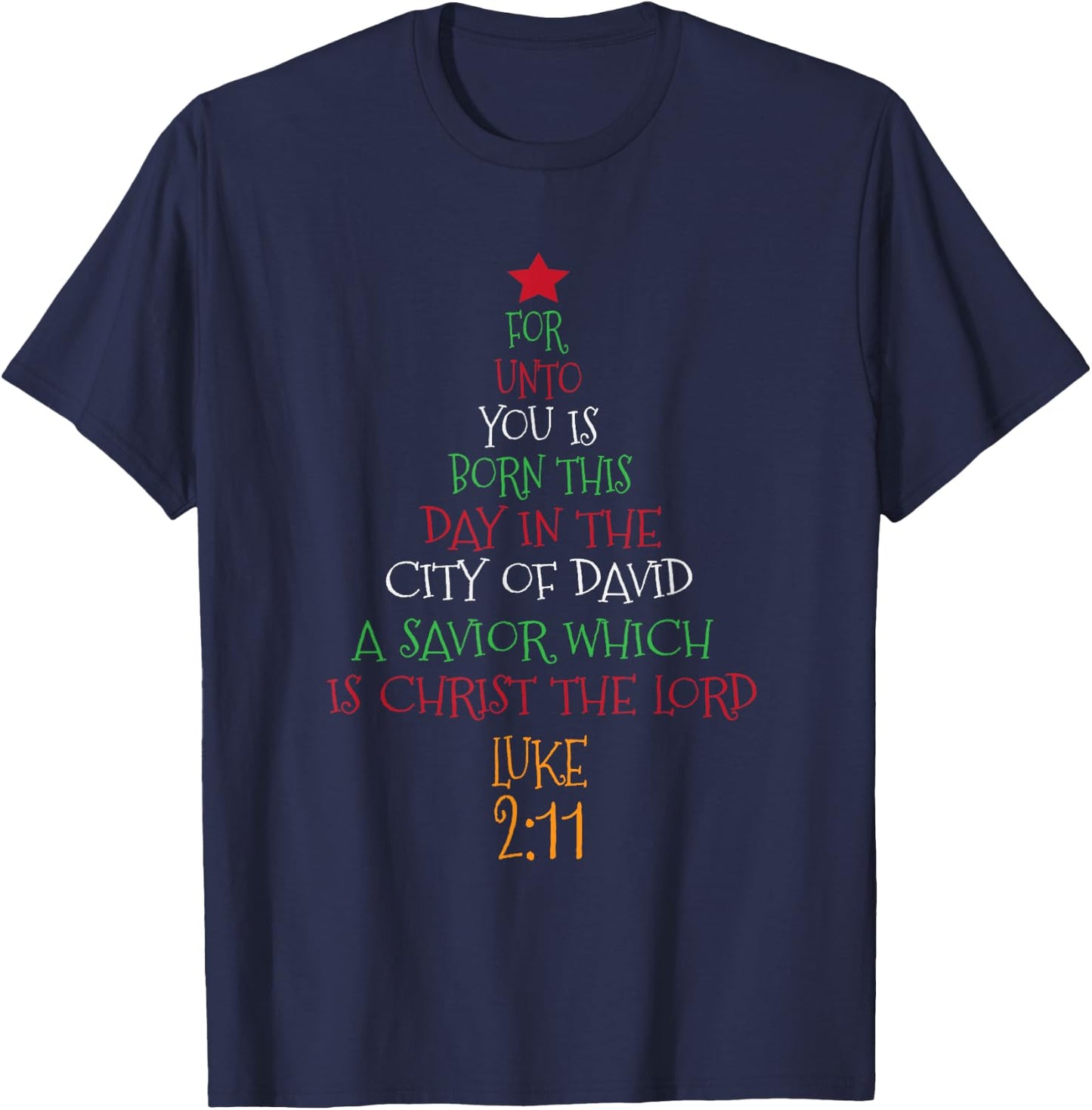 Unto You A Savior Is Born Cute Christian Christmas Tree T-Shirt - T-Shirt | Navy