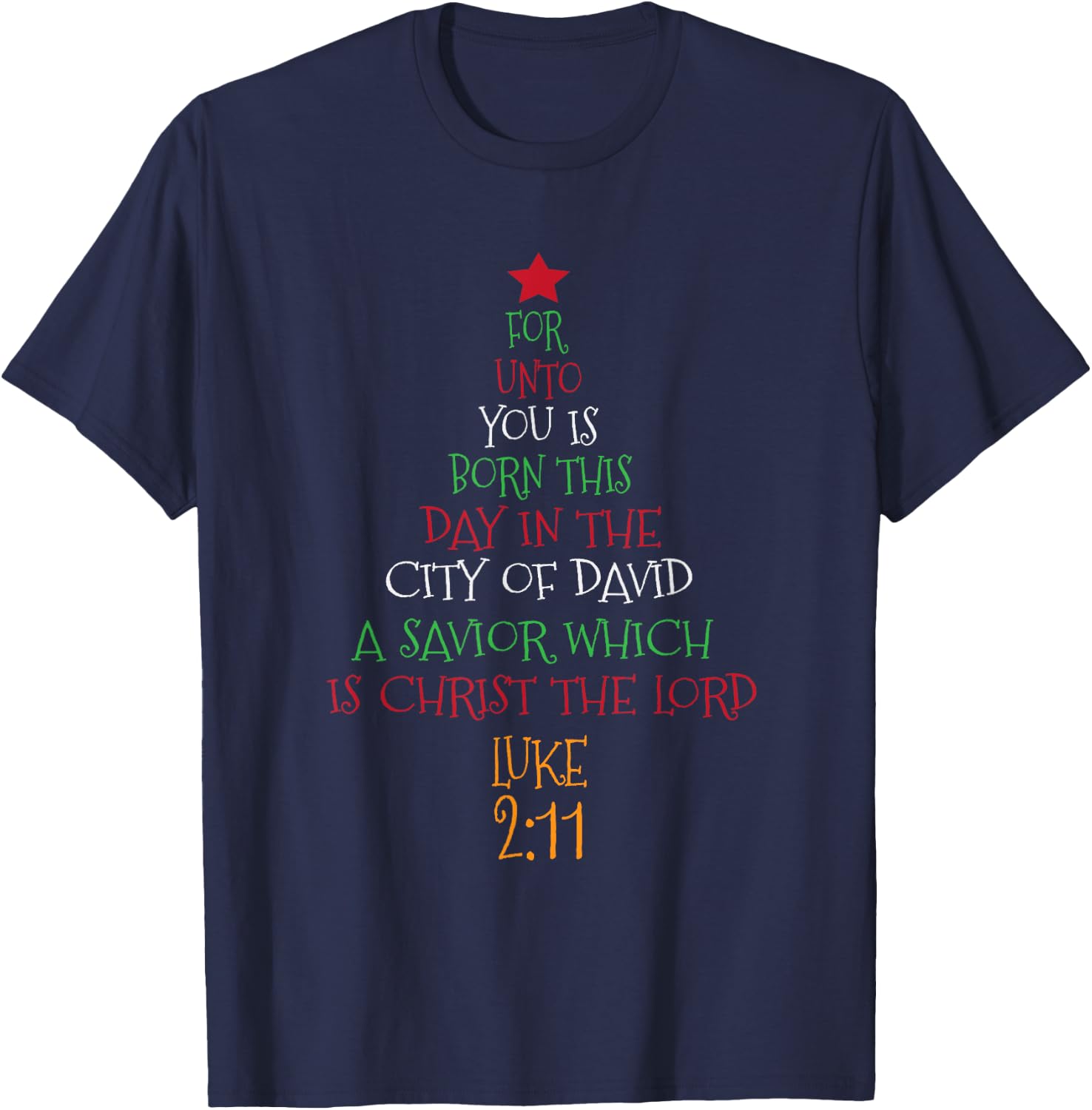 Unto You A Savior Is Born Cute Christian Christmas Tree T-Shirt - T-Shirt | Navy