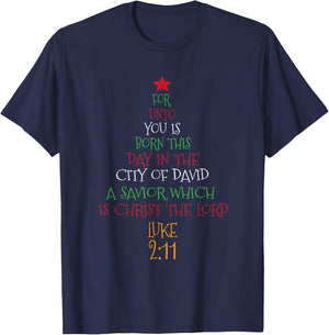 Unto You A Savior Is Born Cute Christian Christmas Tree T-Shirt - T-Shirt | Navy