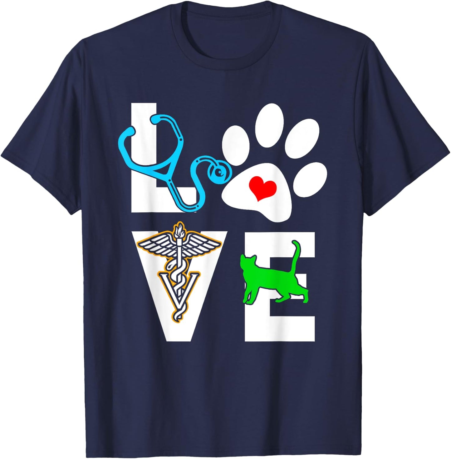 Love With Paw Print Stethoscope Veterinary Medicine T-Shirt - T-Shirt | Navy