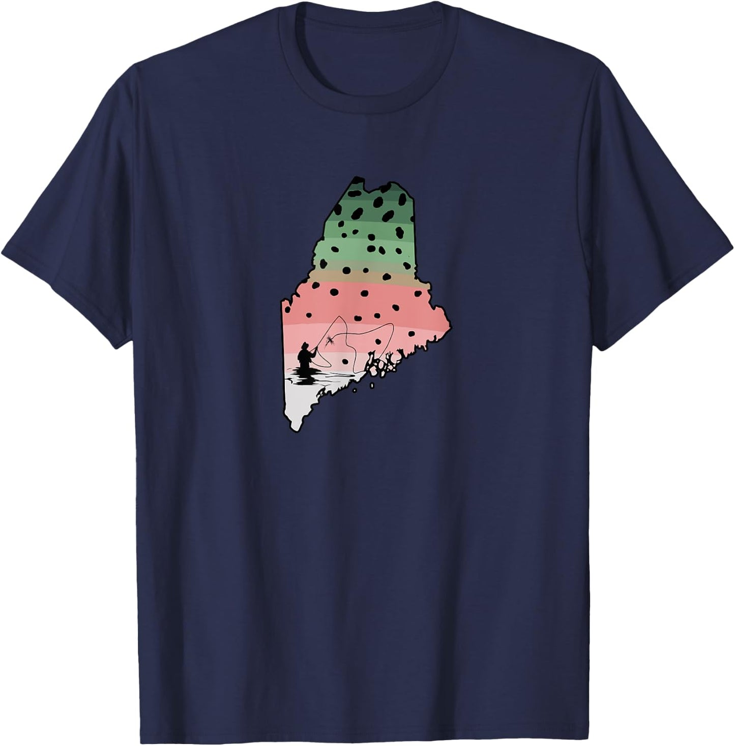 Vintage Fish Maine State Map ME Fly Fishing Rainbow Trout T-Shirt - T-Shirt | Navy