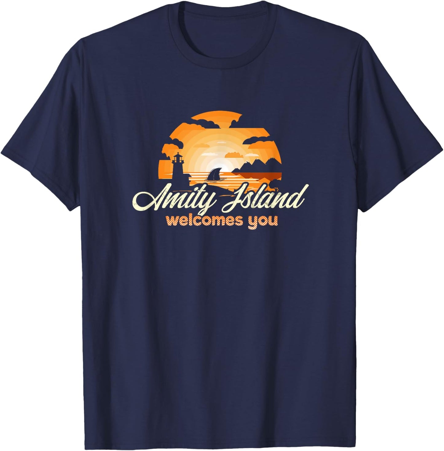 Amity Island Welcomes You Sunset Funny Shark T-Shirt - T-Shirt | Navy