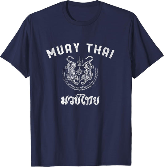 Muay Thai Twin Tiger Kickboxing MMA Gift - White T-Shirt - T-Shirt | Navy
